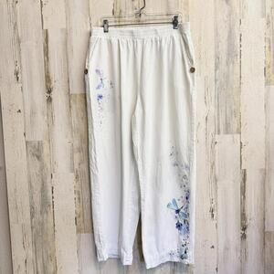 Noracora Women's 3XL White Casual Elastic Waist Pants Lightweight Beach Floral